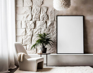 A paper size ISO frame mockup, Living room wall poster mockup, Interior house background mockup. Modern interior design in 3D rendering. Generative AI. V-5