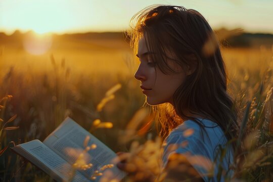 girl is reading boock. sunset summer day