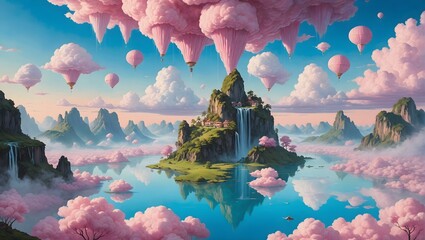 A-surreal-painted-background-depicting-a-dreamlike-landscape-with-floating-islands--cascading-waterfalls--and-ethereal-clouds-in-a-cotton-candy-sky--
