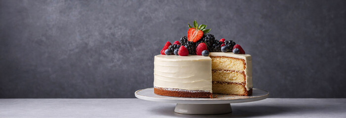 butter cream fruit cake with one slice missing against gray background, side view, copy space,...