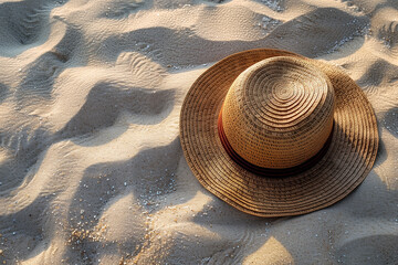 Fototapeta na wymiar Hat on the sand copy space background, top view