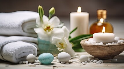 towels, flowers and burning candles, spa concept