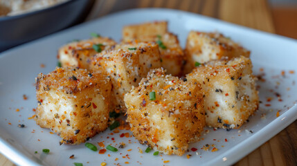 Fototapeta premium Crispy fried tofu cubes on plate