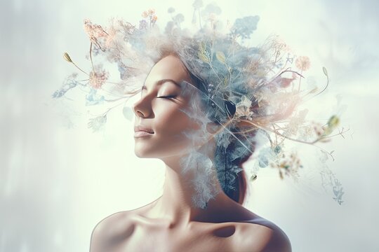 Healthy mind body and spirit. Wellness and health concept. Double exposure of woman and nature