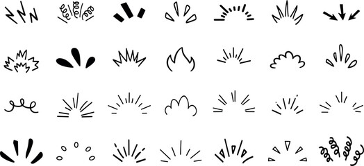 Line movement effect element, cartoon emotion effect decoration icon. Hand drawn cute doodle line element arrow, emphasis, shock, sparkle. Anime movement, express shap