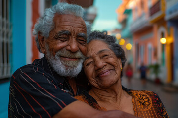 Elderly couple sharing a tender moment on a city street Generative AI image