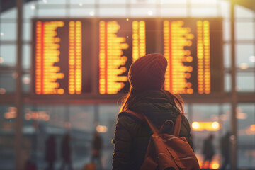 Traveler checking flight status on airport departure board. Generative AI image