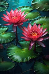 red lotus lilies flowers in pond over water, - obrazy, fototapety, plakaty