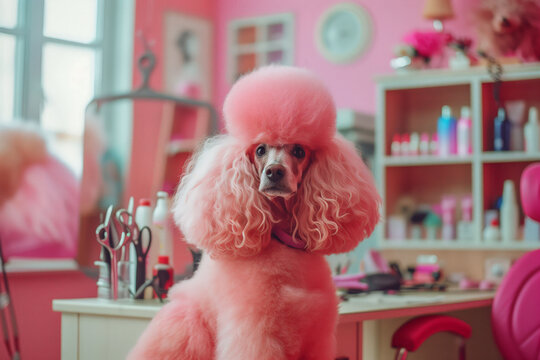 Pink poodle at a stylish grooming salon. Generative AI image