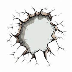 Illustration of a cracked hole in a white surface. Breaking wall with a central opening. Wall cracked from a strong hit. Texture. Pattern. Concept of breakthrough, damage, abstract design, graphic art