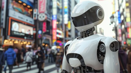 Futuristic humanoid robot exploring a city district. Sleek white android amidst urban crowd. Concept of artificial intelligence interaction, robotics in public spaces, modern city life. Copy space