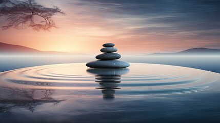 Minimalist Zen garden at dawn, harmonious balance of nature and simplicity, smooth stones, tranquil water, soft morning light