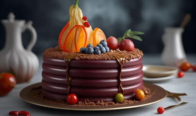 Sponge cake decorated with cream and various berries and citrus fruits