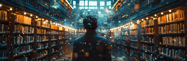 Man in a magical library with floating lights. Enchanted library filled with books and magic. Concept of knowledge, enlightenment, magical realism, and intellectual adventure. Banner
