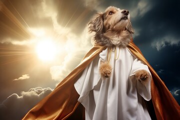 Majestic wise dog sage dressed in robe in the rays of light. Light create halo around dog, making it look like divine creature. Dog god. Religion concept. Digital art - obrazy, fototapety, plakaty