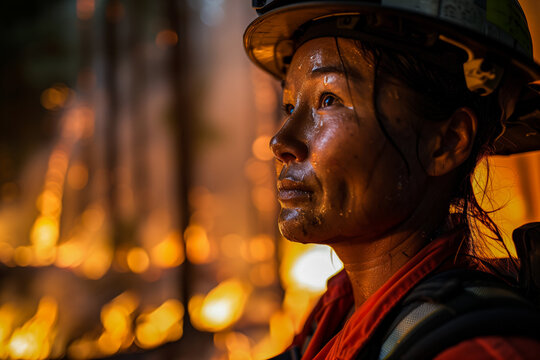Brave firefighter in the midst of a forest fire Generative AI image