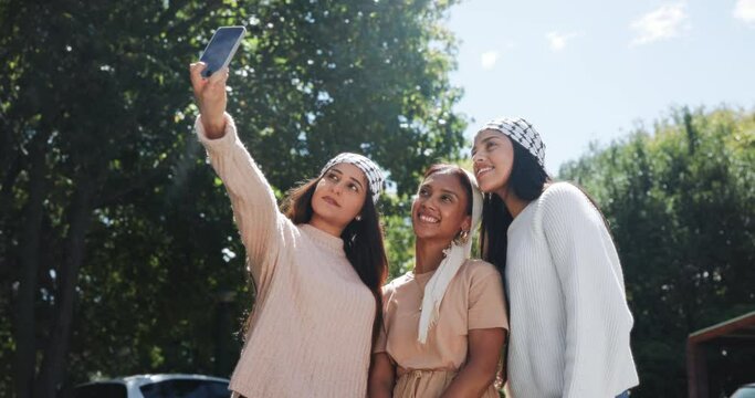 Women, selfie or scarf as social media, post or update as online activism to free Palestine. Gen z, Muslim girls or tech to share, viral or communication as community, support or bonding together
