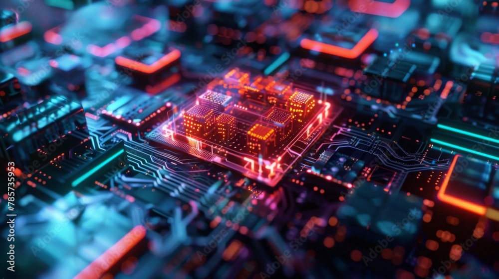 Poster Illuminated Microprocessor on Circuit Board Close-Up