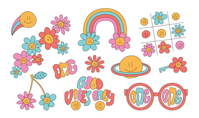 Groovy cartoon hippie illustrations. Hippie 60s, 70s style flowers