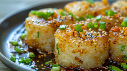 Delectable pan-fried dumplings garnished with green onions and sesame