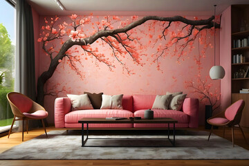 A pink sofa and a painted sakura branch on the wall make up this modern living room interior. - obrazy, fototapety, plakaty