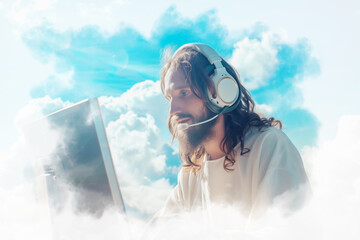 Jesus in Heaven with Headphones and Computer. Calling, Talk with God Concept