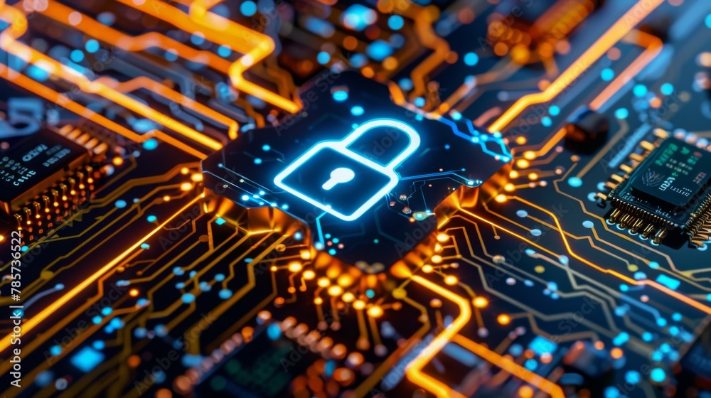 Poster Glowing Cybersecurity Lock on Circuit Board