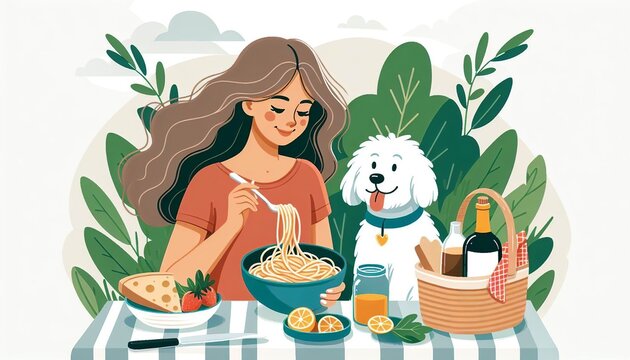Woman and Dog Enjoying Pasta Meal. Illustration of a young woman eating pasta with her dog waiting for a share.