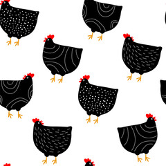 Seamless pattern with abstract cute chickens. Poultry print. Vector graphics.
