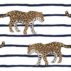 Tropical leopard, striped background. Seamless pattern. Vector illustration. Exotic safari animals. Summer beach design. Paradise nature - 785737178