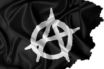 Black anarchist flag with torn edges waving in the wind - obrazy, fototapety, plakaty
