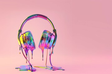 Vivid and glossy melting headphones dripping vibrant paint against a seamless white backdrop, portraying a blend of music and visual art - obrazy, fototapety, plakaty