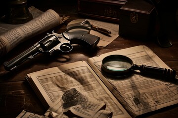Vintage revolver on old documents and books