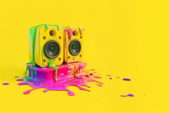 Vibrant paint melting off three vivid green speakers against a bright yellow backdrop, showcasing a contrast of technology and fluid art.