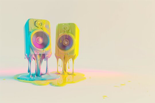 Vibrant paint melting off two vivid green speakers against a bright yellow backdrop, showcasing a contrast of technology and fluid art.