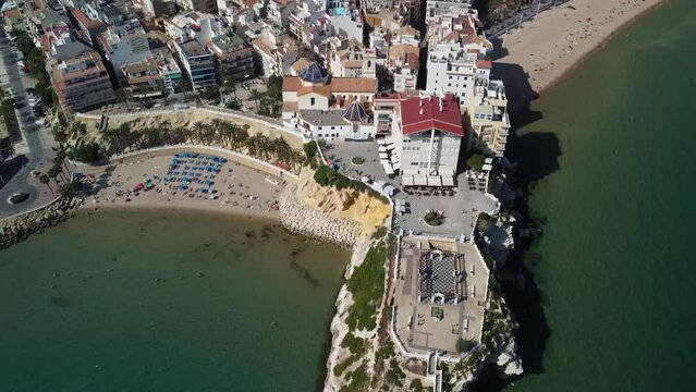 Establishing aerial view of Benidorm skyline skyscrapers hotels and resorts, Benidorm seaside coastline Spain Alicante Costa del Sol