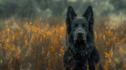 A Carnivore Dog breed standing in tall grass field - obrazy, fototapety, plakaty