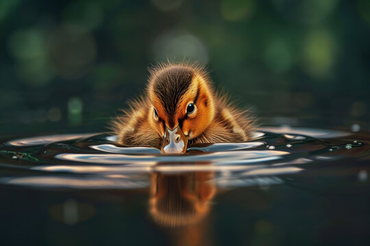 A fluffy duckling floats amidst gentle ripples on a serene pond, embodying the purity and innocence of nature.