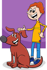 happy cartoon boy character with his dog