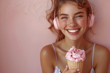 A young woman wearing large headphones listens to music and eats ice cream. Laughter on the face of a girl in a summer sundress. Wide shot