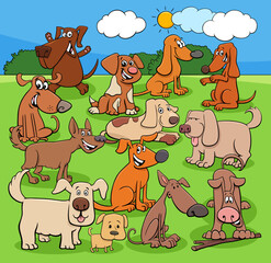 cartoon playful dogs characters group in the meadow