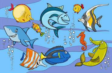cartoon fish and marine animal characters group - 785737972
