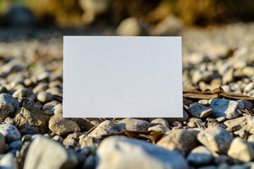 White blank paper card mockup. Blank card board standing on nature sea beach, ocean, pebbles background