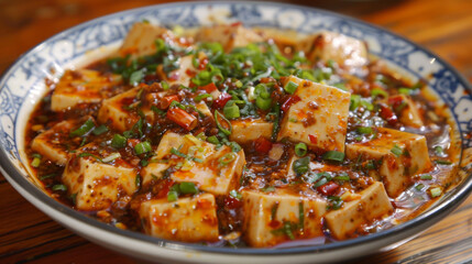 Spicy mapo tofu with fresh herbs