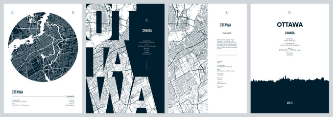 Set of travel posters with Ottawa, detailed urban street plan city map, Silhouette city skyline, vector artwork - 785738326