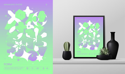 Vector gradient minimalistic rave Poster with strange wireframes graphic assets of geometrical shapes Y2K design inspired by brutalism and mockup in the interior, art in purple-light green gradient - 785738328