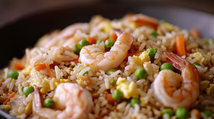 High-definition image showing a tantalizing close-up of shrimp fried rice with vegetables