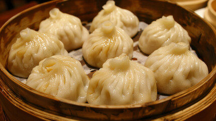 Steaming hot chinese dumplings in bamboo steamer
