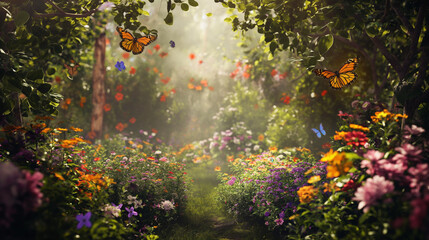 Fototapeta na wymiar Butterfly Oasis in Sunlit Garden