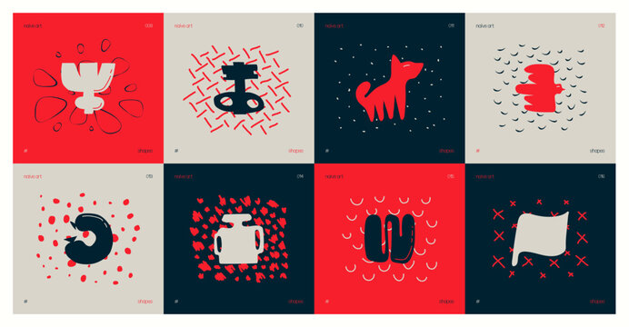 Set of compositions from silhouettes minimalistic bizarre childish abstract unusual shapes and texture in matisse art style, Hand drawn red color playful naive geometric forms, vector art set 3